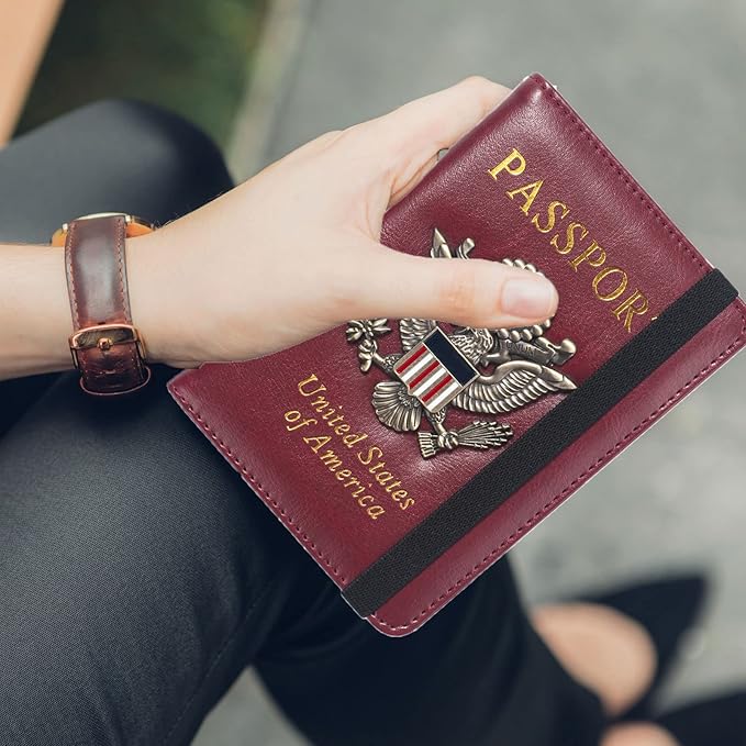 Passport Holder for Travel Passport Cover for Men Passport Wallet Case With 3D Metal Badge Protector Leather Card Case RFID Blocking Women Travel Accessories Document Organizer (Wine Red)