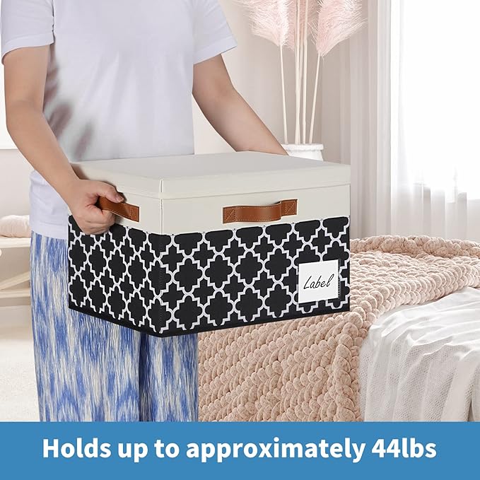 GhvyenntteS 6 Pack Fabric Storage Bins with Lids, Foldable Fabric Storage Boxes with Lids and 3 Handles, Sturdy Closet Organizers and Storage Bins with Label Window for Home (White&Lattice Black)
