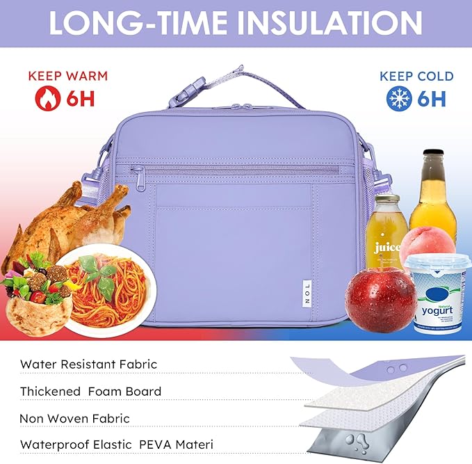 NOL Kids Lunch Bag -Kids 3+ Reusable Insulated Lunch Box with Zipper Closure Buckle Handle Adjustable Long Shoulder Strap, Easy-Clean Waterproof Fabric, Children Lunch Tote Bag for School-Light purple