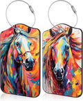 Set of 2 Luggage Tags for Suitcase Abstract Horse Leather Baggage Tags Set with Stainless Steel Loop Name Address Labels Privacy Cover for Men Women Travel Bag Suitcase, 4.6 x 2.7 inch