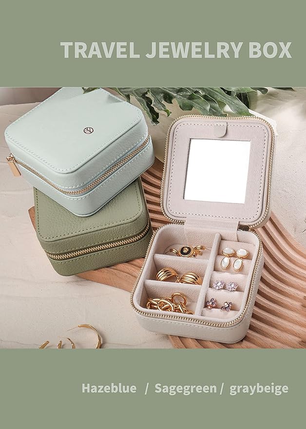 S.Leaf Mini Jewelry Case - Portable Travel Jewelry Box for Women (01 Lychee Sage Green)