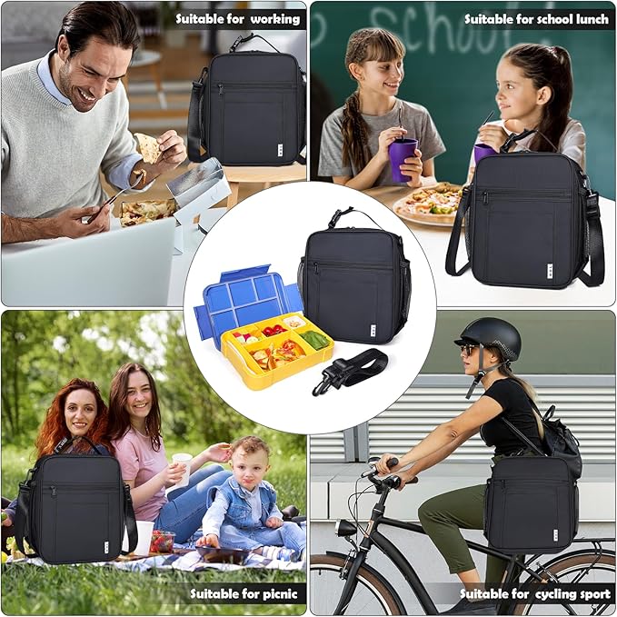 NOL Nylon Waterproof Kids Lunch Bag, Insulated Lunch Bag, Lunch box Cooler, Reusable, Zip Closure with Buckle Handle Holds Lunch Box, Snacks & Water Bottle for School Work,Black