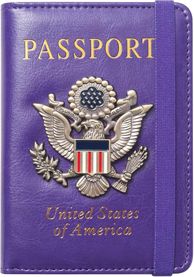 Passport Holder for Travel Passport Cover for Men Passport Wallet Case With 3D Metal Badge Protector Leather Card Case RFID Blocking Women Travel Accessories Document Organizer (Purple)
