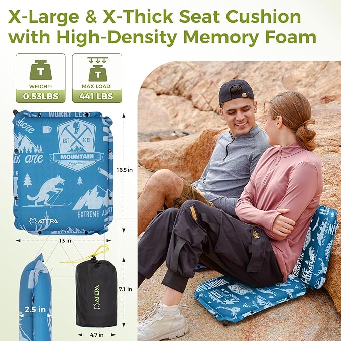 ATEPA Inflatable Stadium Seat Cushion, Self-Inflating Memory Foam Stadium Seats Bleacher Seat Chair Cushion Pad for Airplane Travel Backpacking Sports Events