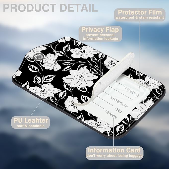 2 Pack Luggage Tags for Suitcases Black Flowers and Leaves Leather Luggage Tags Privacy Cover ID Label with Stainless Steel Loop and Address Card for Women Men Travel Bag Backpack