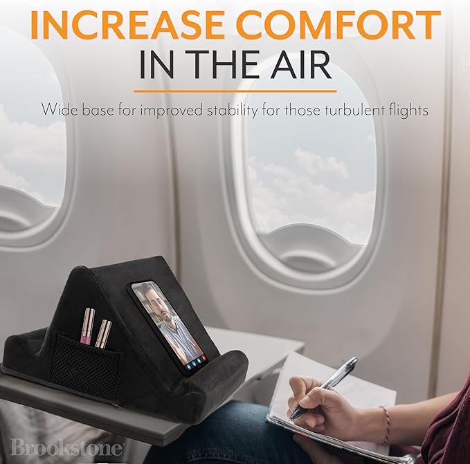 Brookstone - Memory Foam Lap Desk Tablet Holder, Holds Phones, iPads, E-Book Readers, 2 Viewing Angles, 2 Side Pockets for Accessories, Book Holder Cushion, Perfect Home, Car Travel, Flights, Black