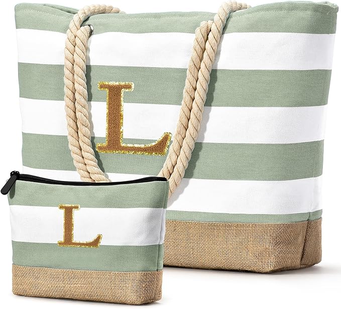 Becokan Beach Bag Initial Beach Tote with Makeup Bag for Travel Work Storage Personalized Birthday Gifts for Women Her
