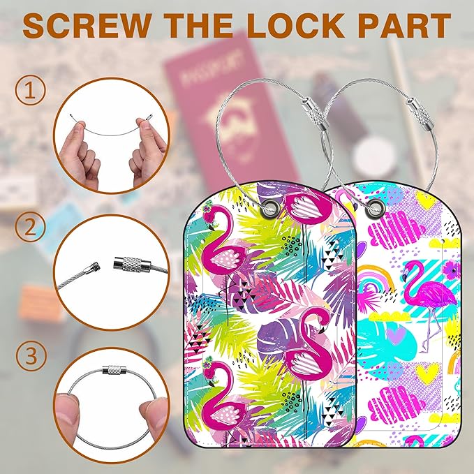 2 PCS Leather Luggage Tag for Suitcase Tropical Leaf and Flamingo Travel Suitcase Labels with Privacy Name ID Label and Stainless Steel Loop for Adults Teens Travel Bag Labels Set