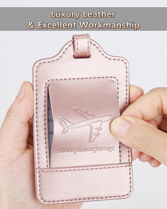 Teskyer Luggage Tags, 3 Pack Premium PU Leather Luggage Tags for Suitcases, Privacy Protection Travel Bag Tags, Rose Gold