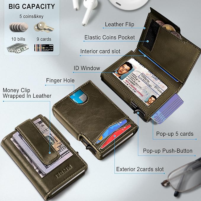 Men Wallet,with Money Clip Coins Pocket ID Window,Slim Front Pocket RFID Blocking Pop-up Card Holder 3.9"x 2.7", Gift Boxed