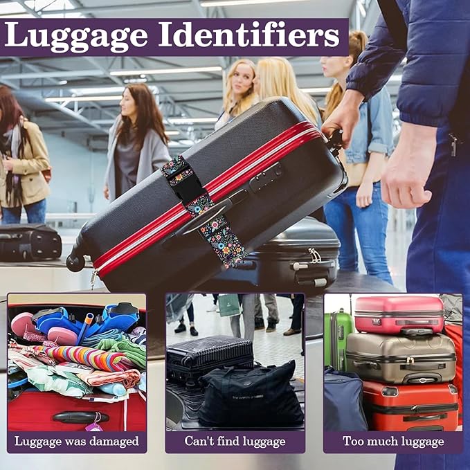 Luggage Straps for Suitcases TSA Approved, Luggage Identifiers for Suitcase, Adjustable Suitcase Strap for Baggage Security with Cute Patten, Travel Necessary Accessories 2Pack (Color Retro)