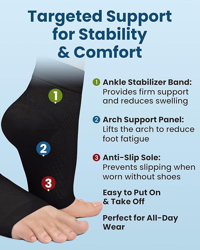KEMFORD Ankle Compression Sleeve with Cooling Effect - Plantar Fasciitis Braces - Open Toe Compression Socks for Swelling, Sprain, Neuropathy, Arch Support for Men and Women - L, Black