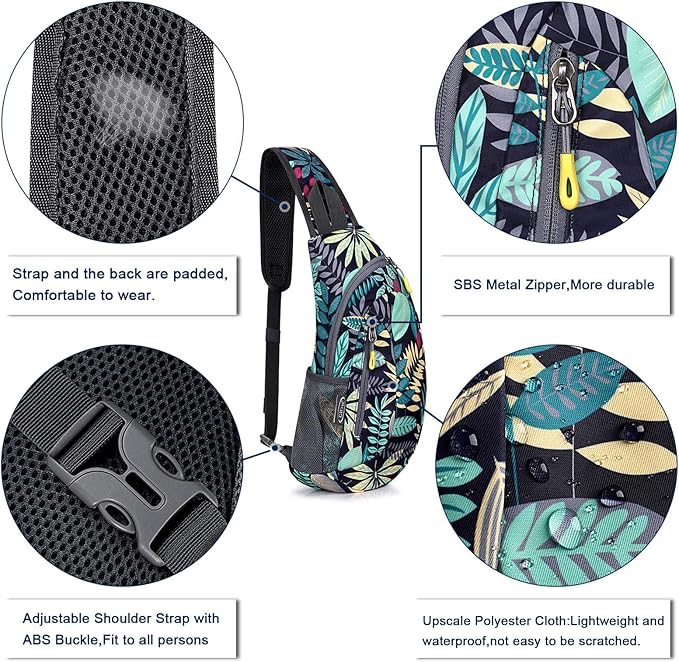 G4Free Sling Bag for Men Women, Small Crossbody Backpack Lightweight Chest Shoulder Bags for Travel, Outdoor and Sports (Blue Leaf)