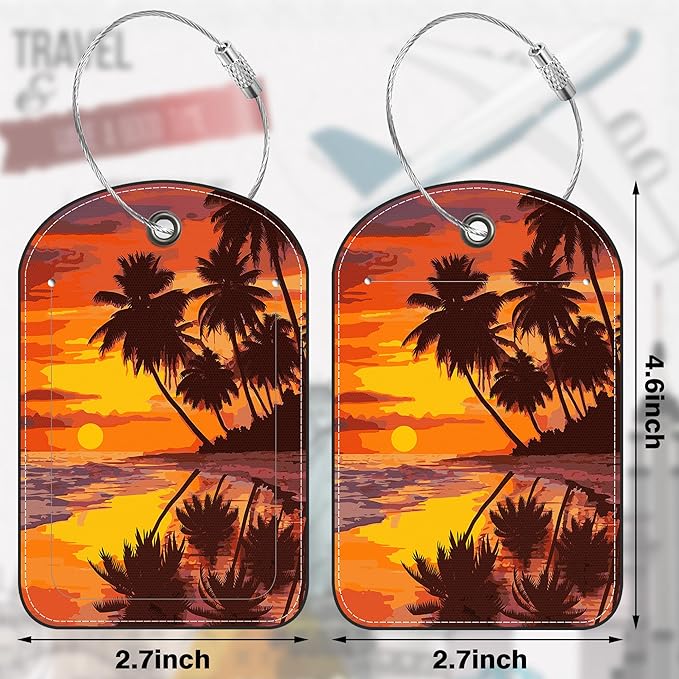 Sunset Beach and Palm Tree Leather Luggage Tag for Suitcase 2 Pack Luggage Tag with Privacy Name ID Label and Stainless Steel Loop for Travel Bag Suitcase