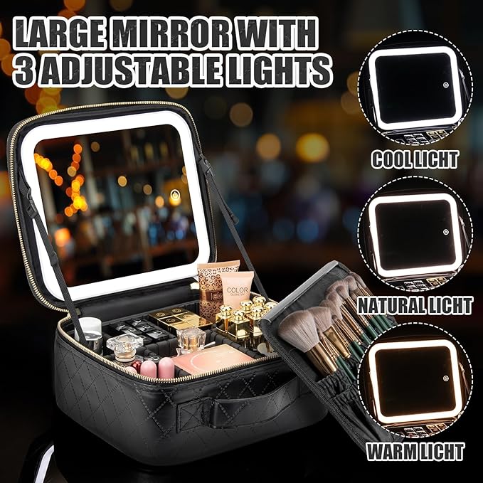 Makeup Travel Train Case with Mirror LED Light 3 Adjustable Brightness Cosmetic Bag Portable Storage Adjustable Partition Waterproof Makeup Brushes Makeup Jewelry Gift for Women