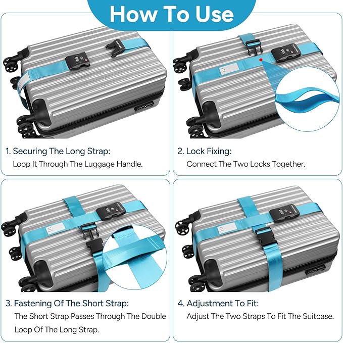 Travel Inspira Luggage Straps TSA Approved with TSA Lock Adjustable Luggage Straps Combination Lock for Suitcase Nylon Suitcase Travel Belt‎ TSA Approved Buckle Included Tags identifiers (Blue)