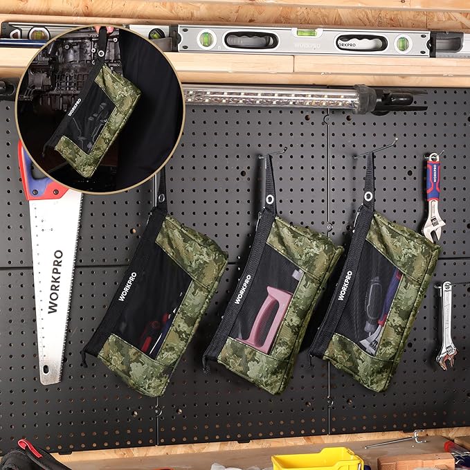 WORKPRO 12" Tool Pouches with Zipper, Heavy-Duty Small Tool Bag, Utility Small Tool Pouch for Tool Organizers and Storage, Mini Tool Bag, 3 Pack, Camo