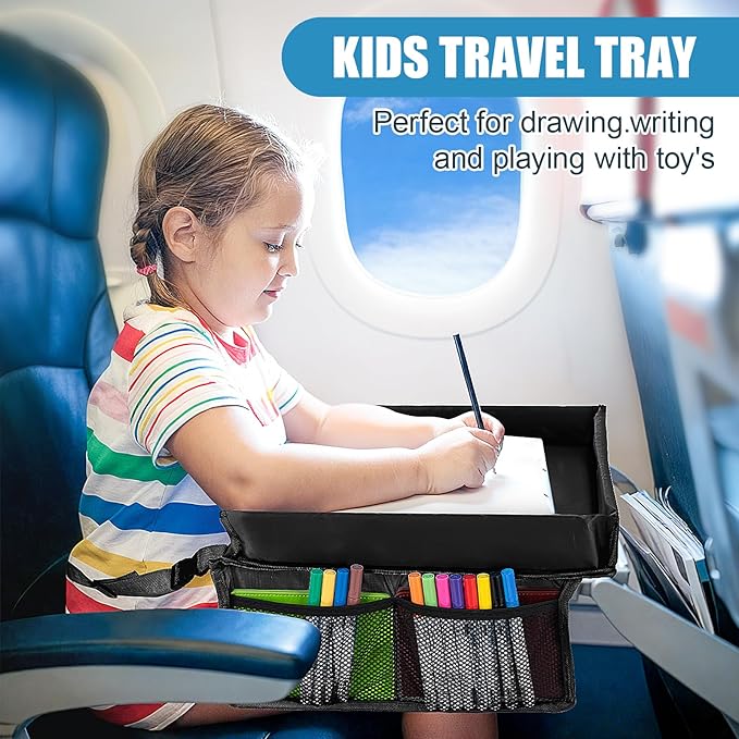 Children Auto Lap Pad - Travel Tray Tablet Holder，Car Seat Lap Tray for Toddlers, Kids，Use on Airplanes, Road Trips, Lap Desk，Tablet Holder and Carry Bag (Black)