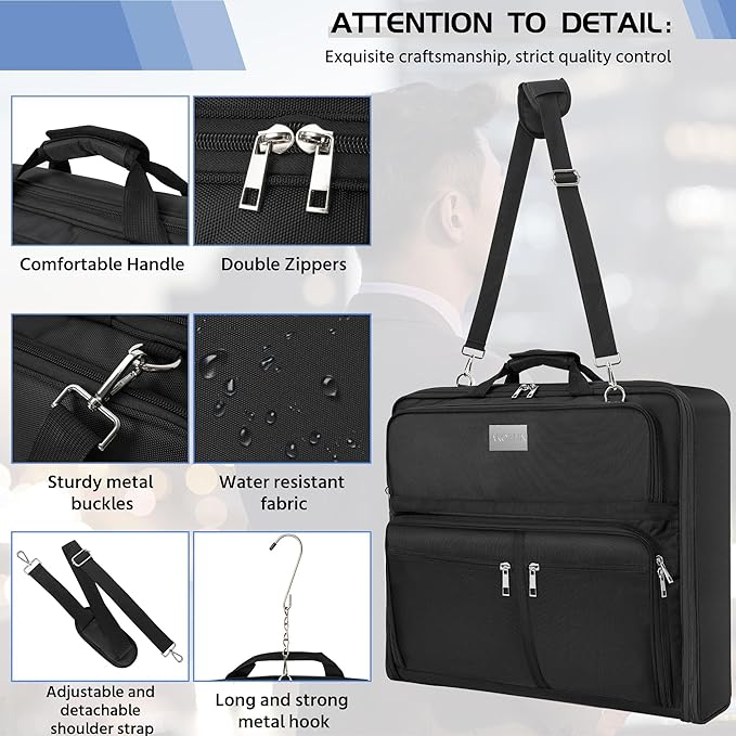 AKOZLIN Travel Luggage Garment Bag Foldable Hanging Suit Bag with Shoulder Strap For Men Women Business Black
