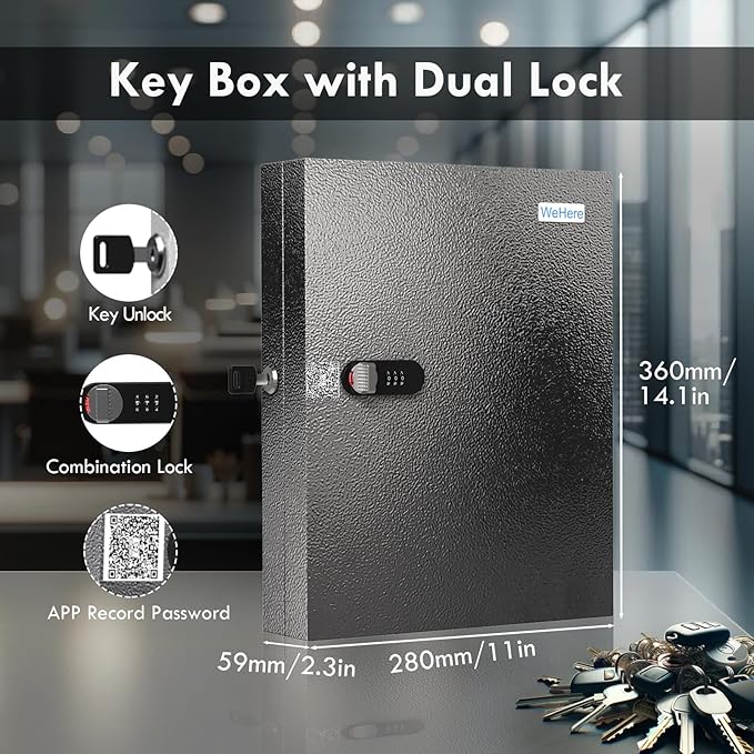 WeHere 32 Key Lock Box with Dual Lock, Combination & Key Unlock, Key Cabinet Wall Mount with Key Tag Label, Key Holder Storage Lockbox for Store, Office, Company, House, App Key Directory ERP