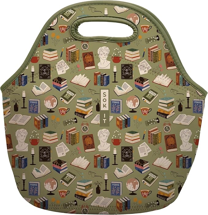 Sok It LunchTote Zippered Bag Insulated Neoprene Caddy (Book Club, Large 4.5 Quart Lunch Tote)