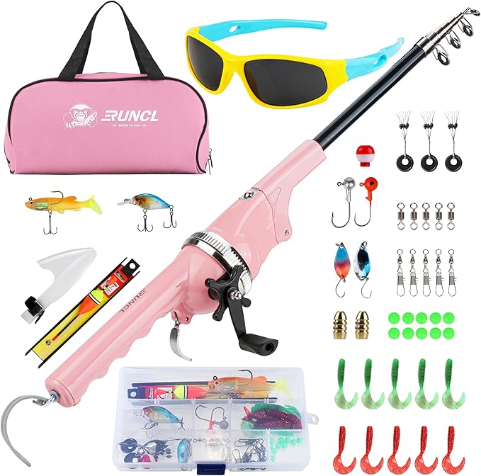 RUNCL Kids Fishing Pole - Portable Folding Fishing Rod and Reel Combo Kit with Spincast Fishing Reel, Kids Sunglasses, Tackle Box, Travel Bag, Gift for Youth