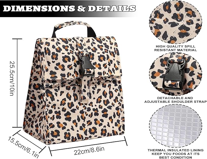 Insulated Foldable Lunch Bag- Lightweight Portable with Adjustable Shoulder Strap Lunch Box for Men, Women, Office, Work, Picnic, Hiking and Beach (Leopard(Soft Fabric))