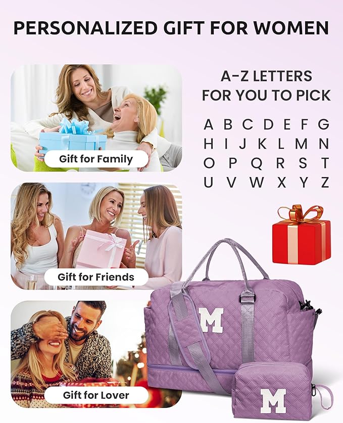 Gifts for Teen Girl-Initial Duffle Bag with Shoe Compartment, Personalized Weekender Bag, Monogram Overnight Bag, Travel Bag with Makeup Bag，Birthday Gift Birthday Gifts for Sister (Letter H)