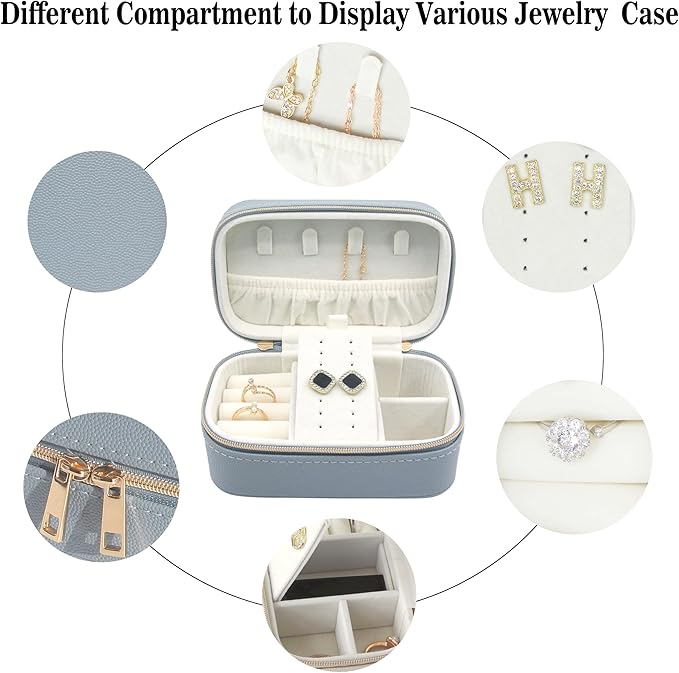 Small Jewelry Travel Case For Womens Small Rectangle PU Leather Jewelry Box With Zipper 2.56" H Portable Travel Jewelry Case For Earring Rings Necklaces Bracelets Blue Jewelry Gifts Box