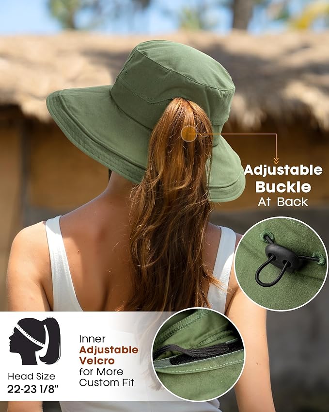 Sun Hats for Women Gardening Hat Wide Brim Ponytail Beach Sun Protection Breathable Cotton Summer Hat with Fold-Up Brim