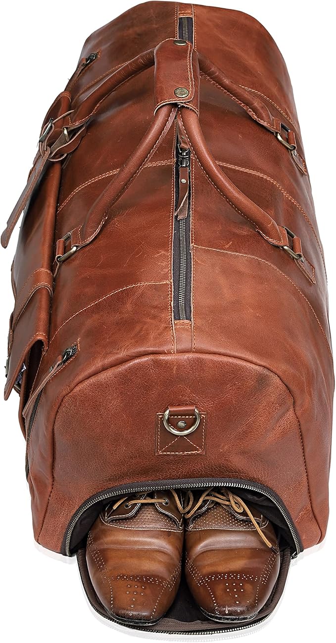 24 Inch Leather Duffle Bags for Men Large Full-Grain Buffalo Leather Overnight Gym Bag, Luggage Weekend Travel Bag for Men & Women, Carry On Airplane Cabin Bag with Shoe Compartment