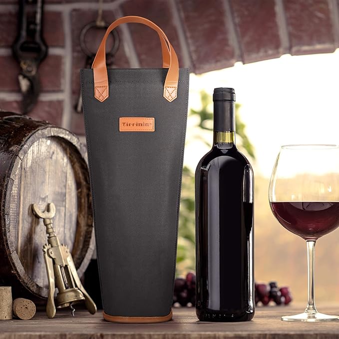 Tirrinia Single Wine Carrier Tote, Insulated Wine Cooler Bag for Travel, Picnic, & Wine Gifts – Thermal Padded Wine Bottle Holder Tote for Men & Women, Wine Gift for Wine Lovers,Black