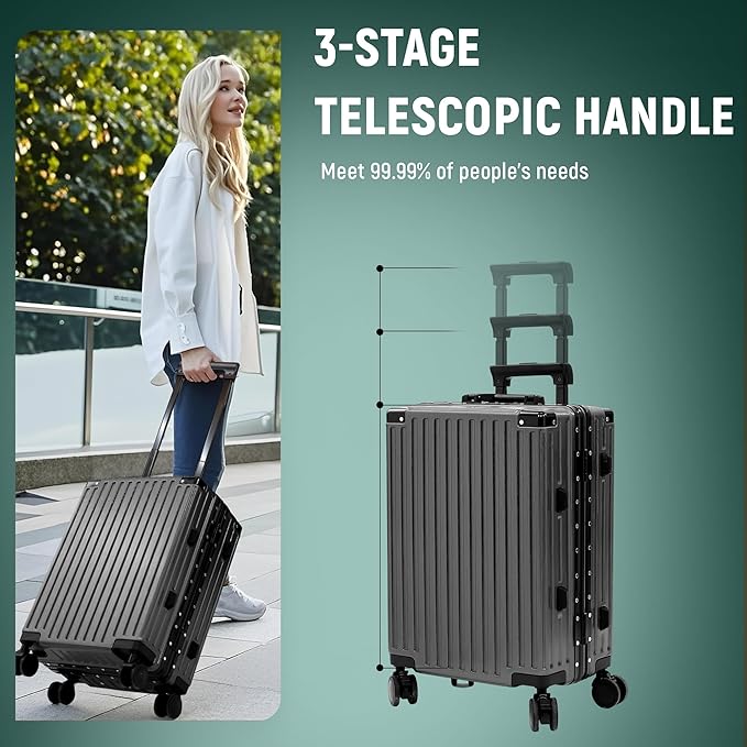 UrbanExporer 20 Inch Carry On Luggage Aluminum Frame Airline Approved, Zipperless Luggage Carry On TSA Approved ABS+PC Hard Shell Suitcases, Lightweight Carry-On Suitcase with Cup Holder, Metal-Gray