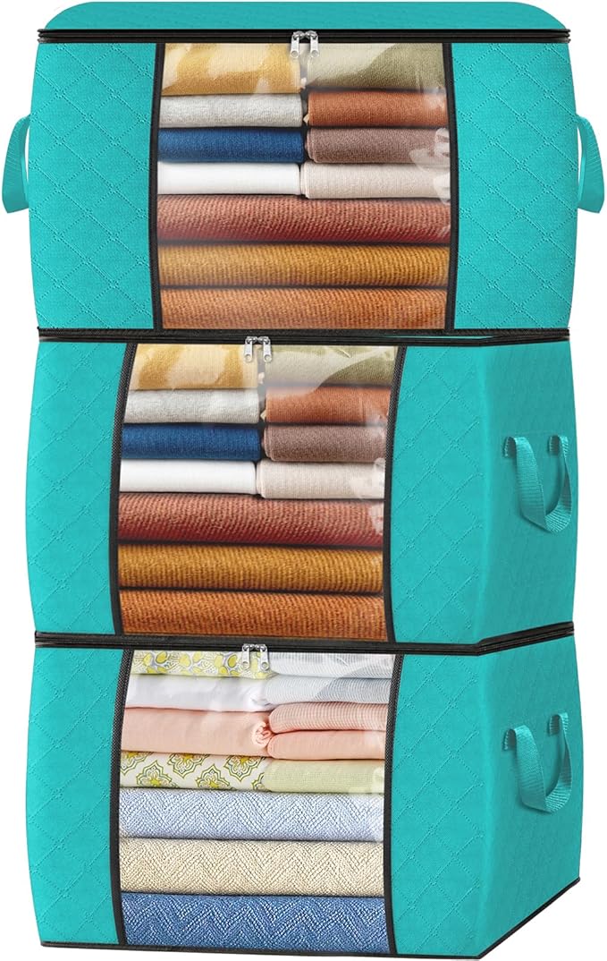 Fab totes 24 Gallons Clothes Storage, Foldable Thick Fabric Blanket Storage Bags, Containers for Organizing Bedroom, Closet, Clothing, Comforter, Organization with Handle (3 Pack,Green)