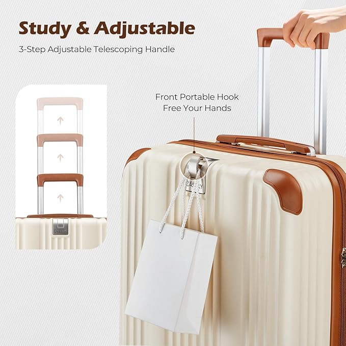 Luggage Set with PC+ABS Hardshell TSA Lock Spinner Wheels Carry on Lightweight Suitcase，YKK Zippers,Cup Holder(Beige, Carry-on 20 Inch)