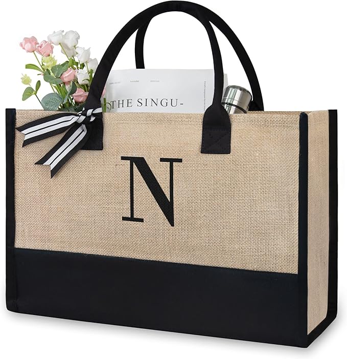 TOPDesign Initial Jute/Canvas Tote Bag, Personalized Present Bag, Suitable for Wedding, Birthday, Beach, Holiday, is a Great Gift for Women, Mom, Teachers, Friends, Bridesmaids(Letter N)