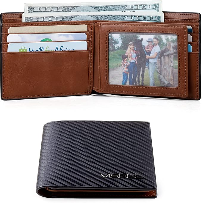 VISOUL Leather Mens Bifold RFID Blocking Wallet with 2 ID Windows, Leather Wallet for Men (Carbon Fiber, Black+Brown)
