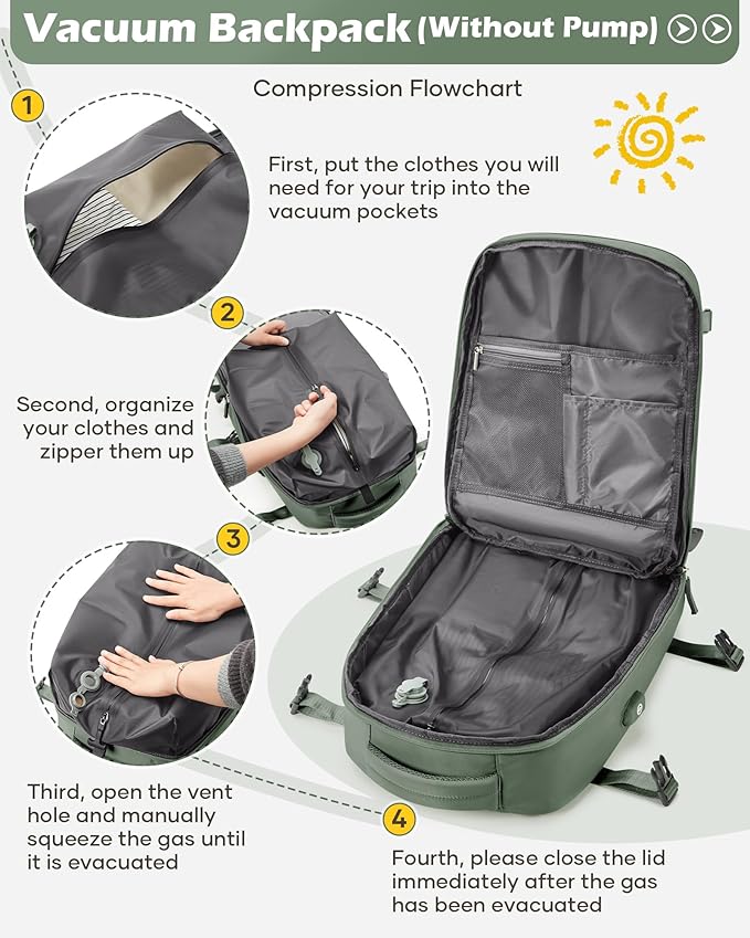 Vacuum Backpack Travel Laptop Backpacks For Women Men Carry On Backpack With Vacuum Compression Bags Seal Packing Personal Item Travel Bag Vacpack Backpacks Without Pump Olive Green