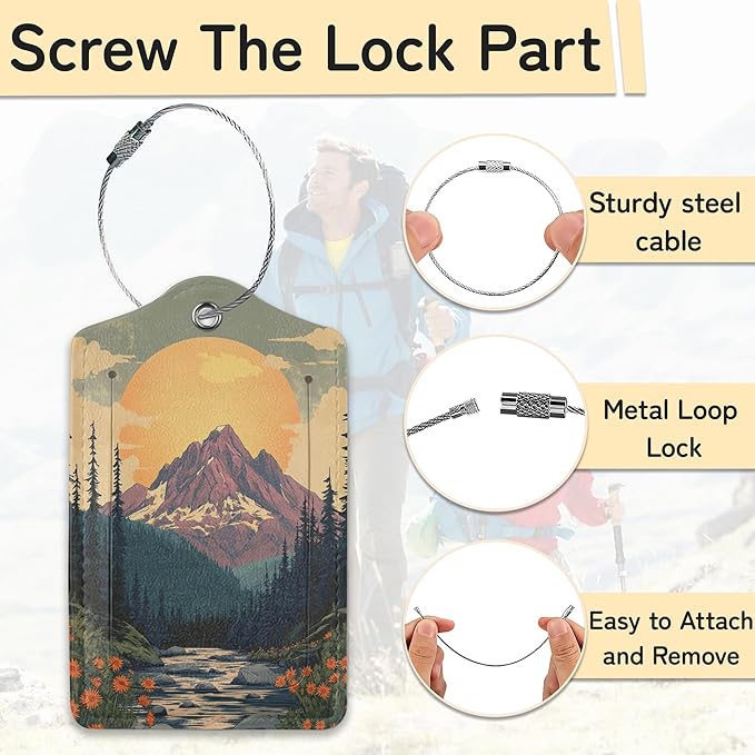 Vintage Mountain Luggage Tag for Suitcase,Forest Lake Design with Privacy Flap Name ID Label Metal Loop, 3 Pack