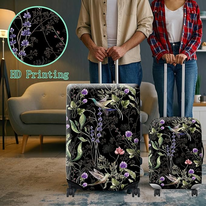 Luggage Cover Suitcase Protector + Luggage Tag, Wild Flowers Hummingbird Travel Suitcase Cover for 18-20 inch Luggage (S) with Concealed Zipper Washable Elastic Cloth Dustproof Anti-Scratch