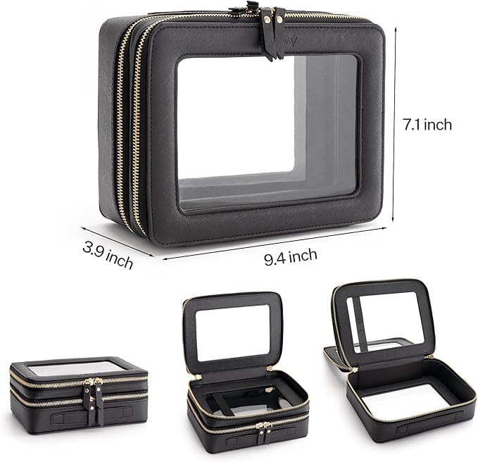 Aveniee XL Clear Makeup Organizer,Double Layer Travel Cosmetic Case with Brush Holder & Zippered Compartments,Big Toiletry Bag for Travel Accessories,2 Layers Large,Black