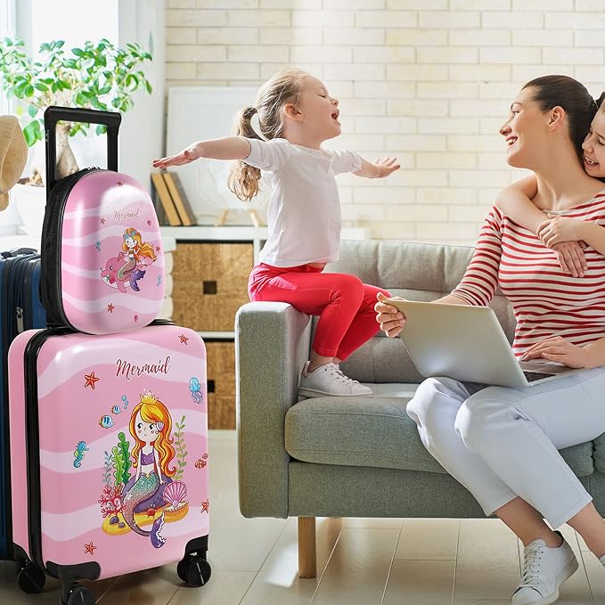 Weewooday Kids Luggage and Backpack 18" Suitcase with Spinner Wheel Hard Case Travel 13" Backpack Girl Suitcase Set for Kids Travel Supplies(Pink,Mermaid Style)