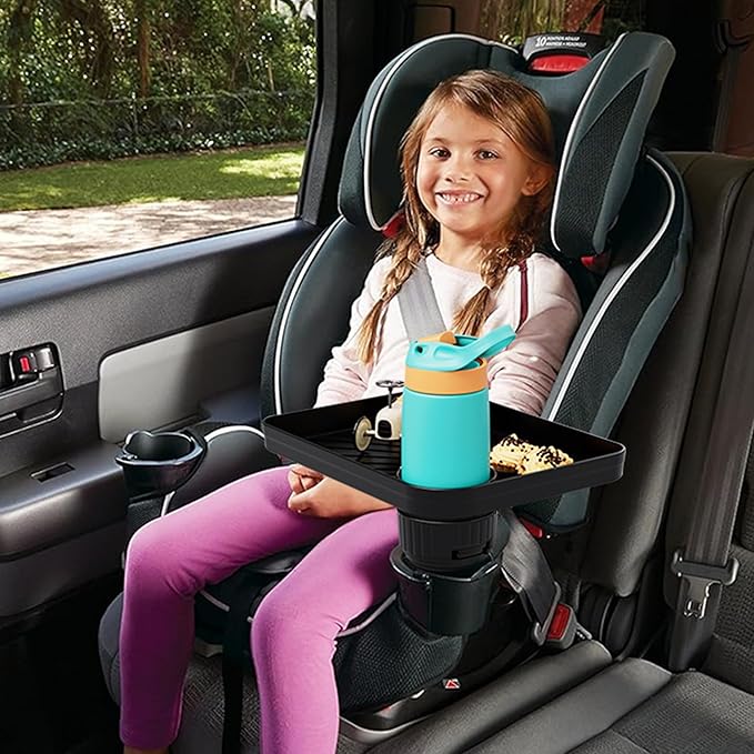 Upgraded Car Seat Tray for Kids Car Seat Tray with Expandable Base for Snacks, Toys, Books, Entertainment Kids Travel Essentials Fits 3.1''-3.5'' Cup Holders (1, Large Base)