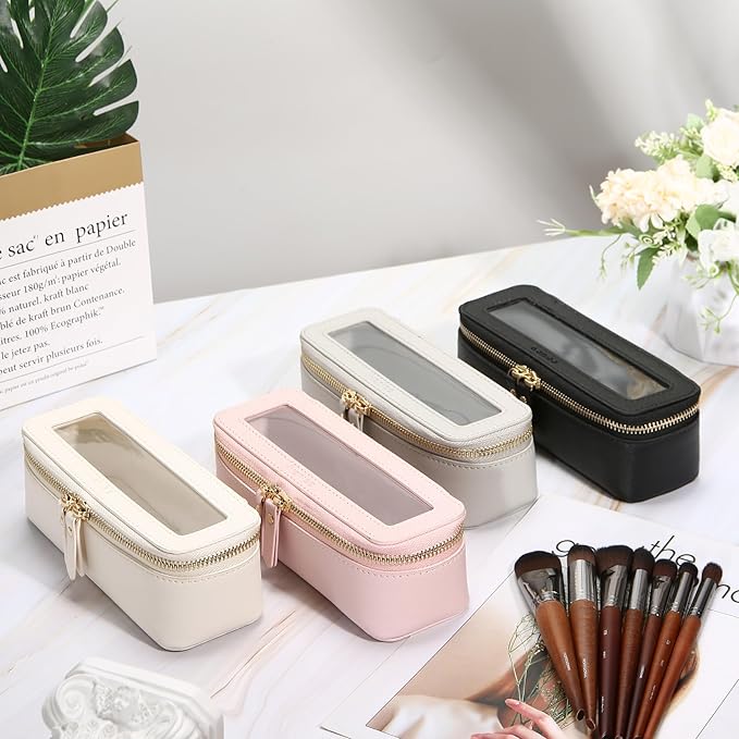 Aveniee Clear Makeup Brush Bag,Slim Cosmetic Brush Holder,Small Toiletry Bag Mini Travel Case for Women,Thin Make up Bags with Dual Zipper,Cute Travel Essentials Organizer,Black