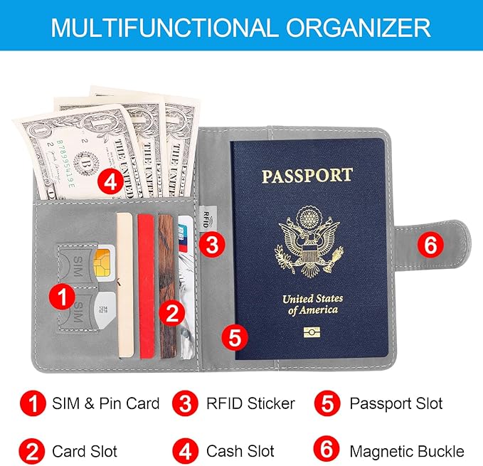Passport Holders, RFID Blocking Credit Card Holder, PU Leather Vaccine Card Holders for Travel with Magnetic Buckle, Travel Must Haves Cruise Ship Essentials for Men, Women (Grey)