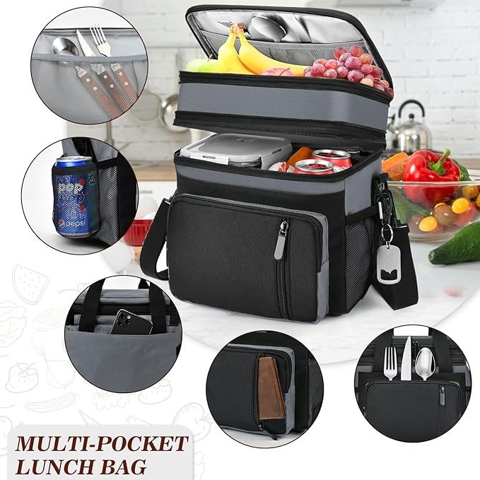 Insulated Lunch Bag Women & Men | Large Adult Lunch Box | Double-Layer Reusable Lunch Bags | Leak-Proof Tote Cooler Bag for Work Picnic Outdoors | 16L, Gray