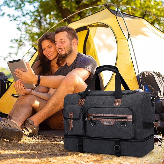 WITZMAN Canvas Weekender Bag Mens Overnight Bag for Traveling Carry on Duffle Bags with Shoes Compartment（A8010 Black）