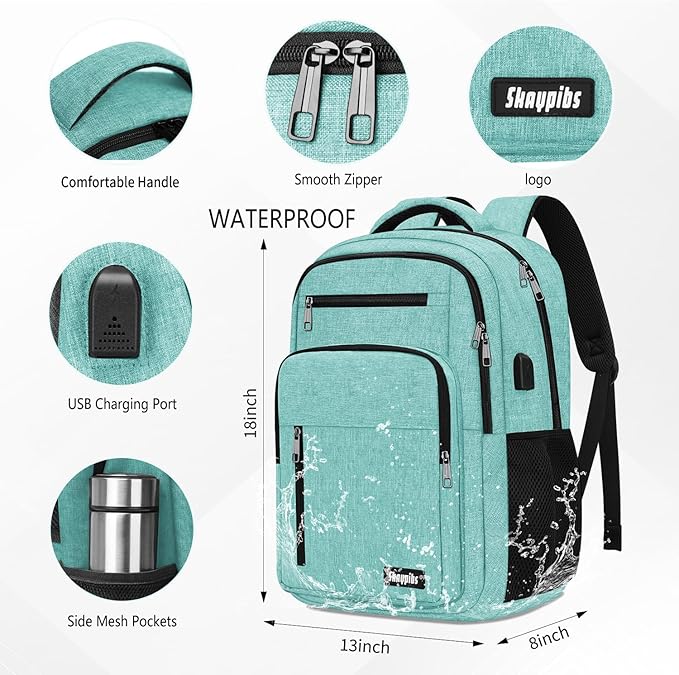 Backpack for Women Men, School Backpack for Boys Girls Teens, 15.6 Inch Laptop Backpack with USB Port, College Middle High School Bookbag, Water Resistent Business Mochila para hombre, Cyan