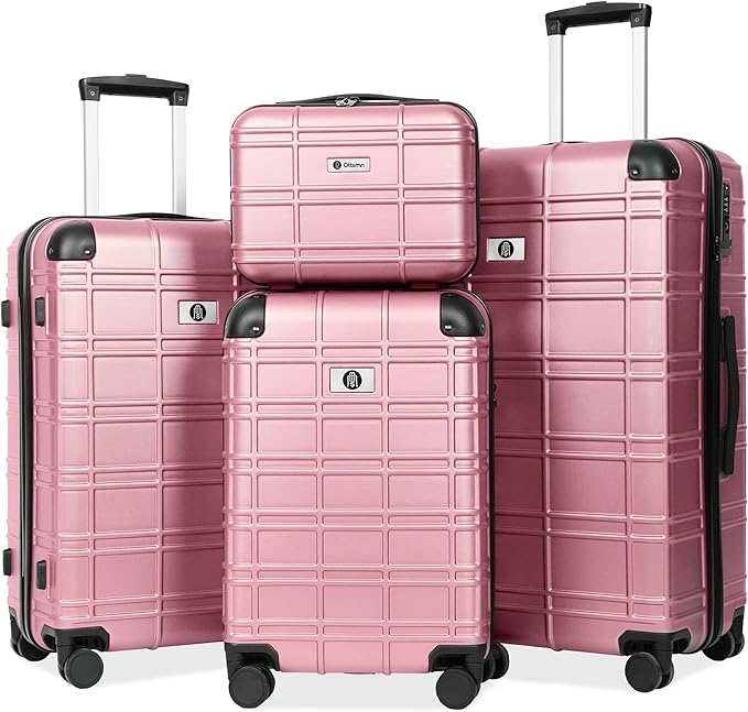 Luggage Sets 4 Piece, ABS PC Lightweight Suitcases with Wheels, Hardshell Luggage Sets Suitcase set with TSA Lock Pink (12in 20in 24in 28in)