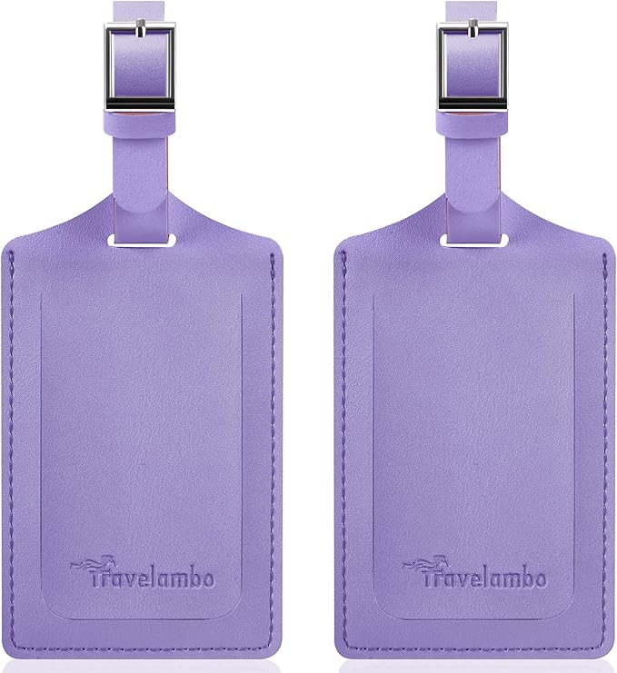 Travelambo Luggage Tags for Suitcases Faux Leather Privacy Protection 2 Pack Bag Tags Travel Accessories Essential, Classic Purple